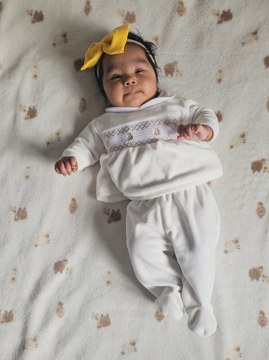 Teddy Smocked Baby Pyjamas Ivory - Daydream Babywear