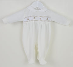 Teddy Smocked Sleepsuit Ivory