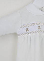 Teddy Smocked Sleepsuit Ivory