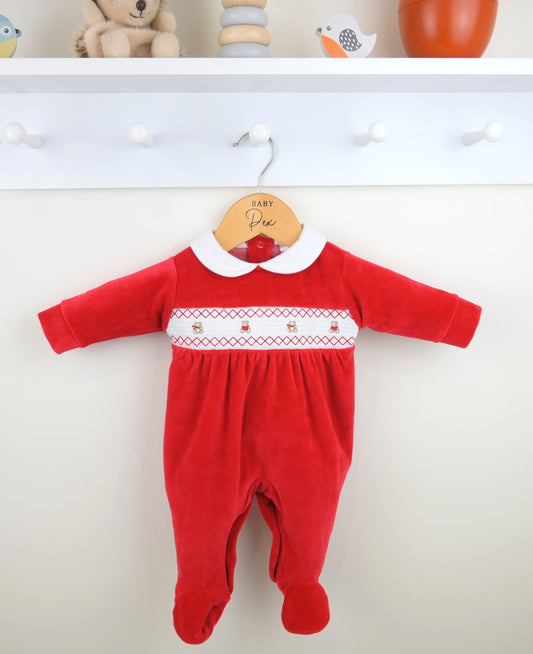 Teddy Smocked Baby Sleepsuit Red