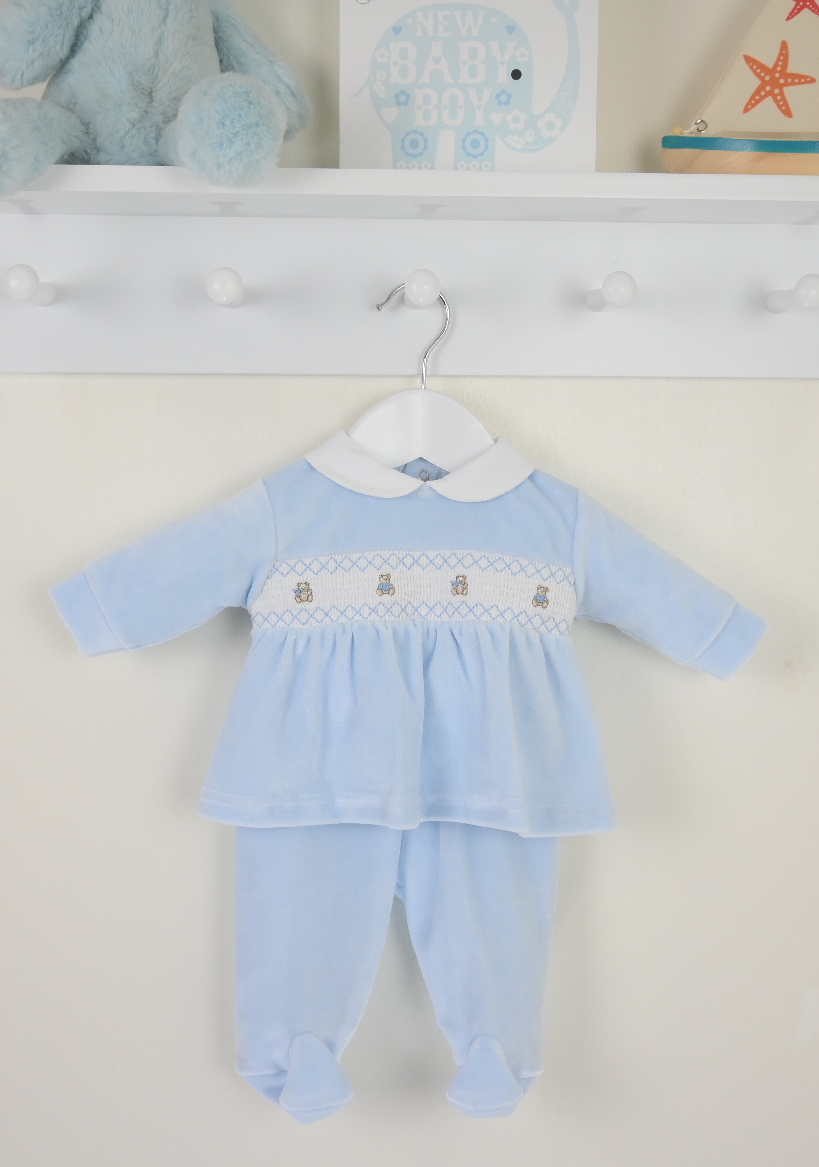 Teddy Smocked Baby Pyjamas Blue - Daydream Babywear
