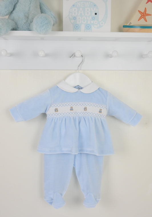 Teddy Smocked Baby Pyjamas Blue - Daydream Babywear