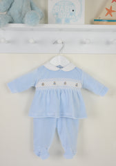 Teddy Smocked Baby Pyjamas Blue - Daydream Babywear