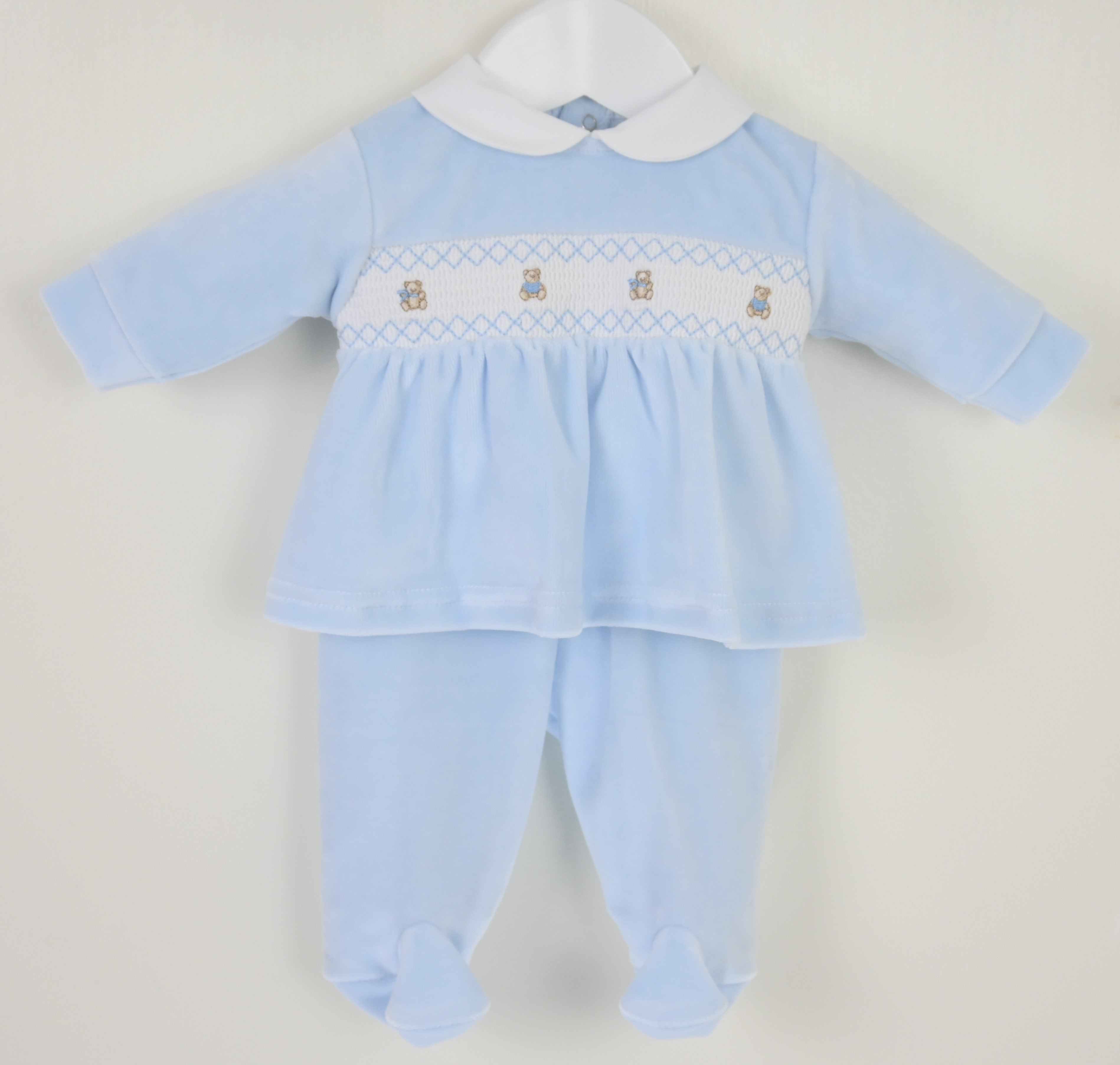 Teddy Smocked Baby Pyjamas Blue - Daydream Babywear