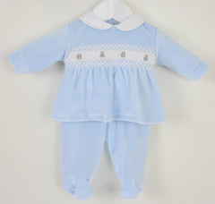 Teddy Smocked Baby Pyjamas Blue - Daydream Babywear