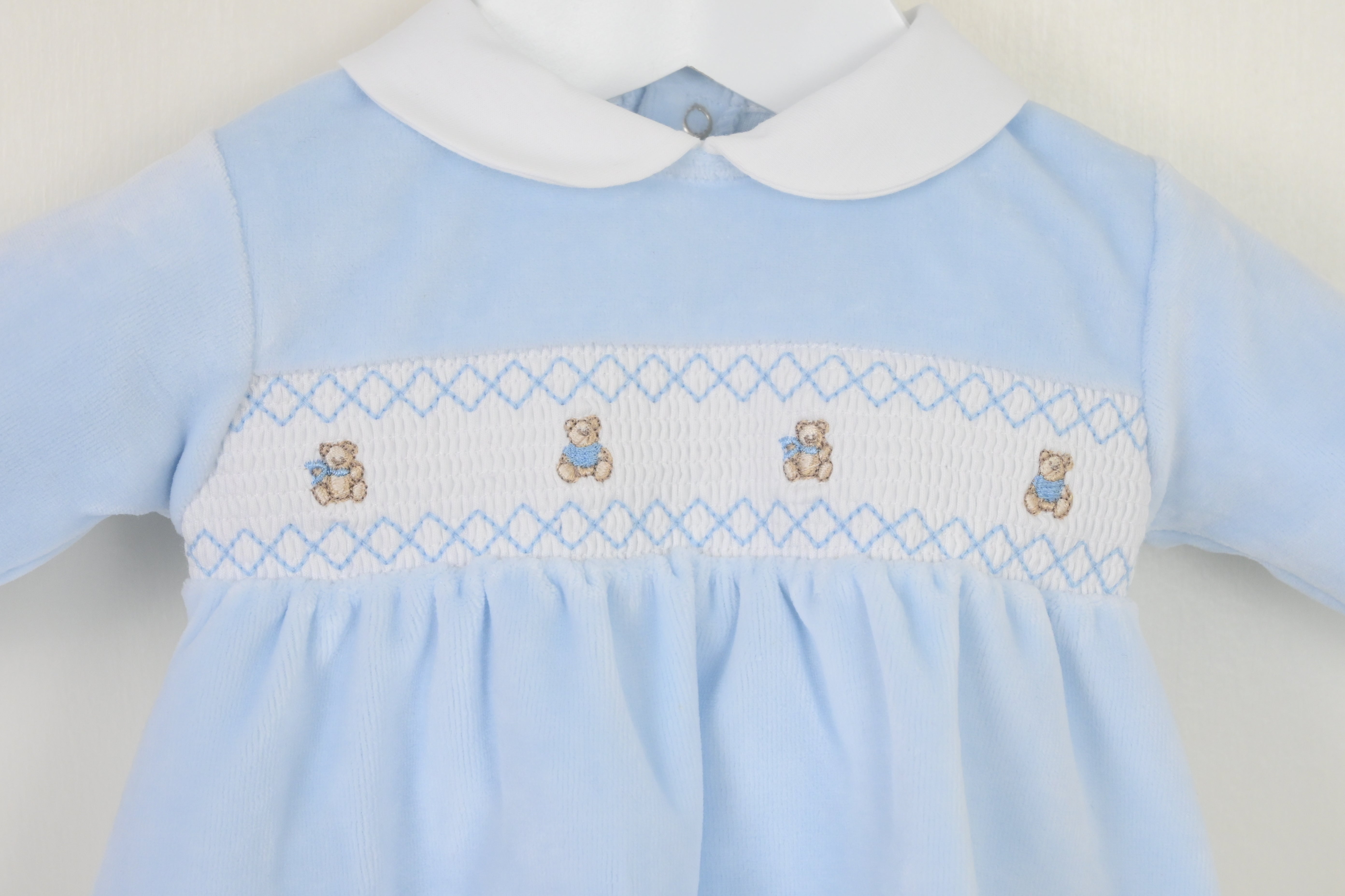 Teddy Smocked Baby Pyjamas Blue - Daydream Babywear