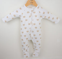Baby onesie with bear pattern on a hanger against a white background