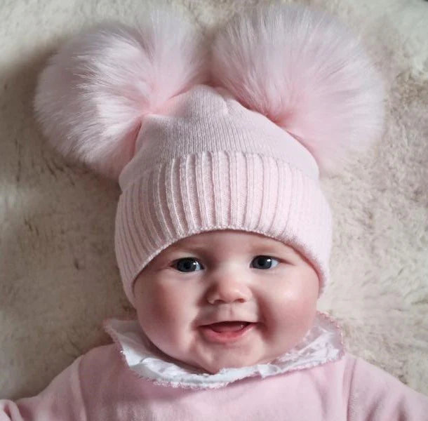 Newborn Baby Girl Knitted Hat – White/Pink With Faux Fur Pom Pom & Bow
