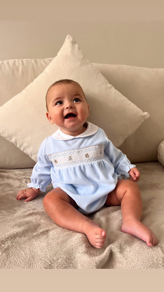 Teddy Smocked Romper Blue