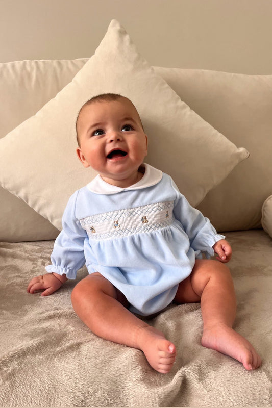 Teddy Smocked Romper Blue