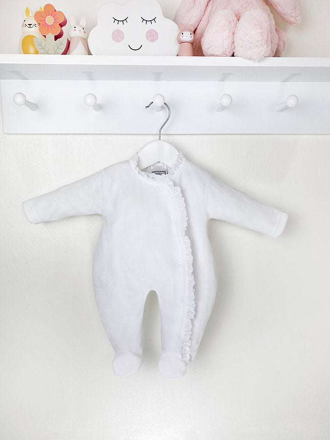 Lace Edged Sleepsuit White - Daydream Babywear