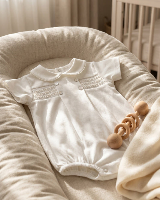 Smocked Cotton Baby Romper Ivory
