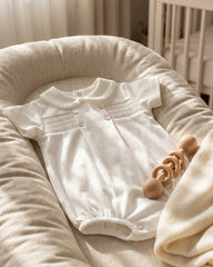 Smocked Cotton Baby Romper Ivory