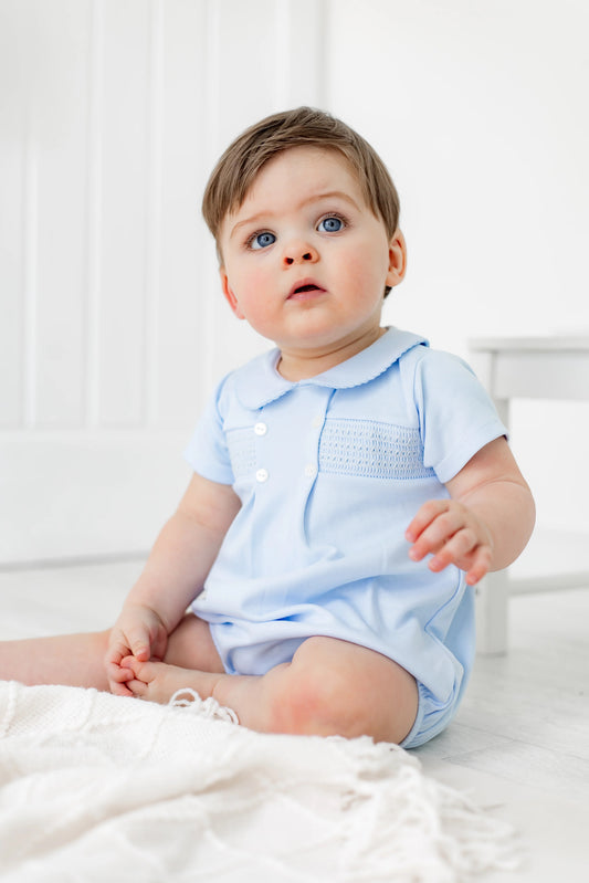 Smocked Cotton Baby Romper Blue
