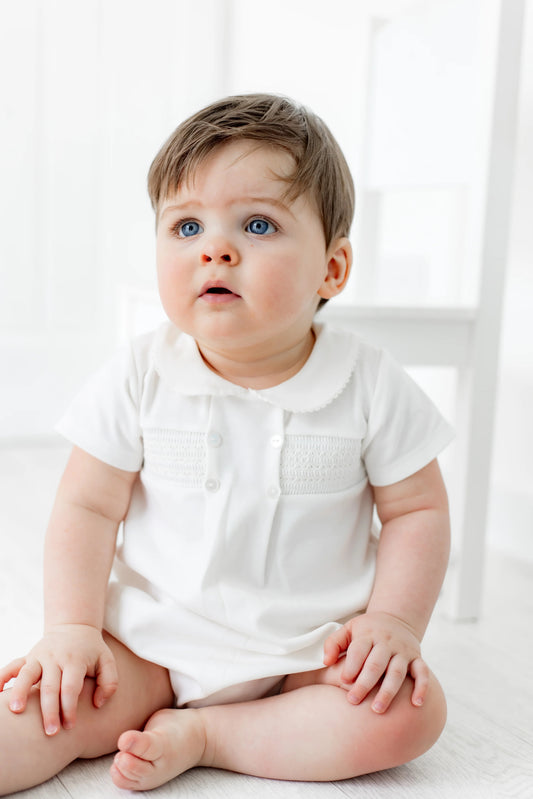 Smocked Cotton Baby Romper Ivory