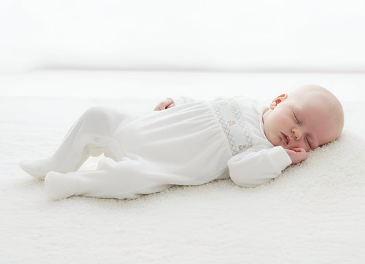 Teddy Smocked Sleepsuit Ivory