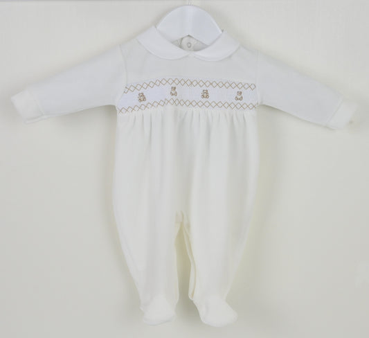 Teddy Smocked Sleepsuit Ivory
