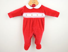 Teddy Smocked Baby Sleepsuit Red