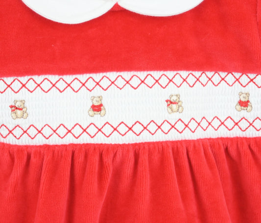 Teddy Smocked Baby Sleepsuit Red