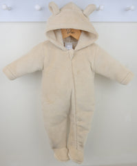 Beige baby snowsuit with bear ears on a white background