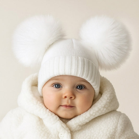 Double Pom Pom Hat White