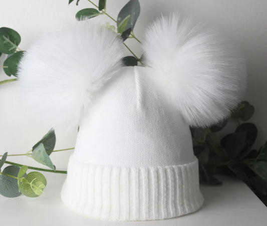 Double Pom Pom Hat White