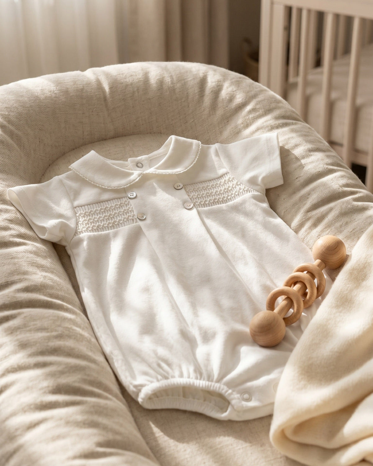 Smocked Cotton Baby Romper Ivory