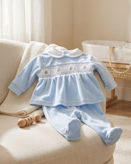 Teddy Smocked Baby Pyjamas Blue