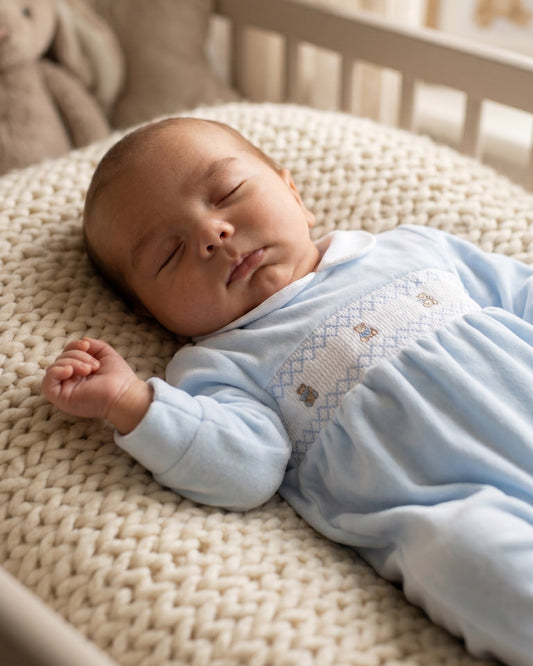 Teddy Smocked Baby Sleepsuit Blue