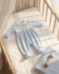 Teddy Smocked Baby Sleepsuit Blue