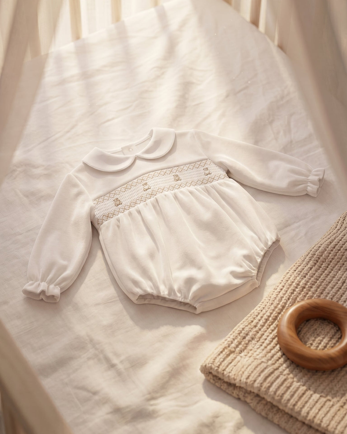 Teddy Smocked Romper Ivory