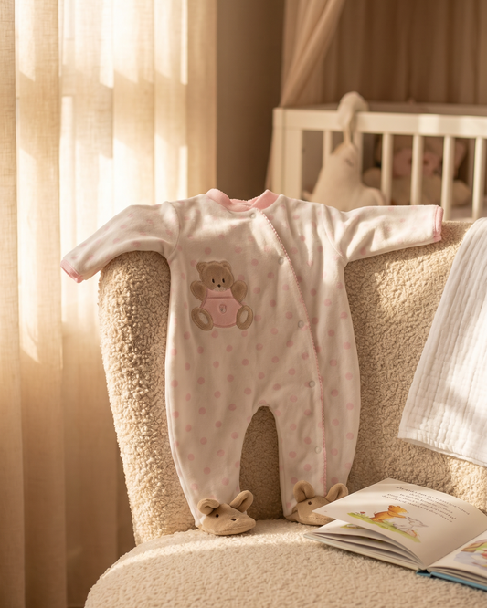 Teddy Spot Baby Sleepsuit Pink