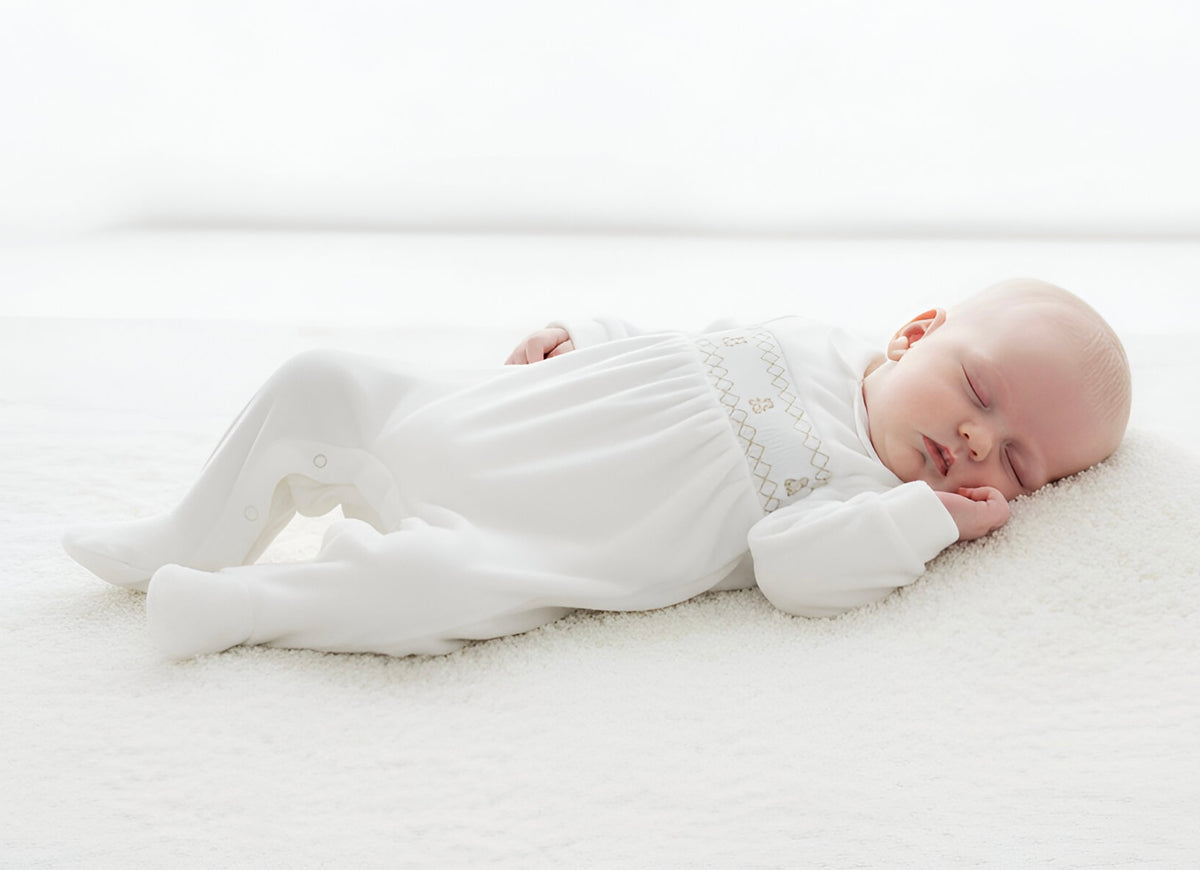 Teddy Smocked Sleepsuit Ivory